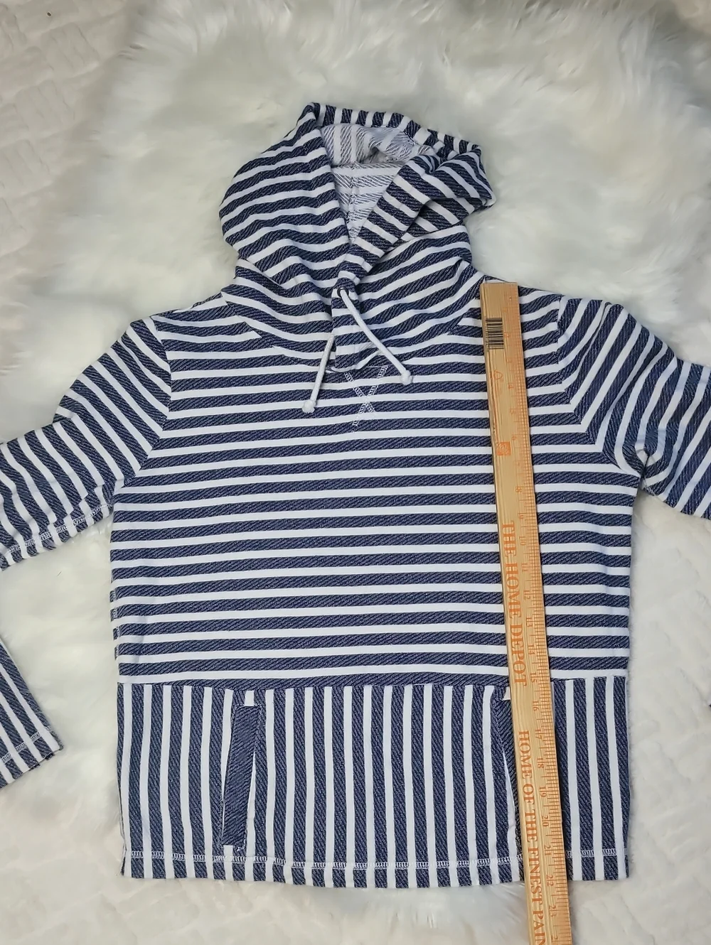 J Crew Blue White Stripe Hoodie M Kangaroo Pockets Drawstring Nautical